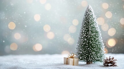 Wall Mural - small snow covered christmas tree with light soft background