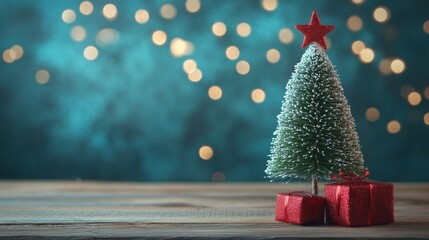 Canvas Print - small Christmas tree with snow-tipped branches, a red star topper, and a red gift box, set against a teal background with soft bokeh lights