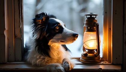 Wall Mural - Cozy Border Collie gazing at a warm vintage lantern glow by a window