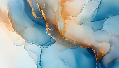 dreamy abstract fluid art with swirling blends of soft blues, warm golds, and gentle whites for an e