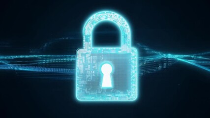 Poster - A metallic padlock is centered against a dark backdrop, with vibrant blue light waves swirling around it, representing advanced cybersecurity measures and data safety.