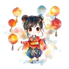 Canvas Print - Cute Anime Girl with Traditional Chinese Lanterns.