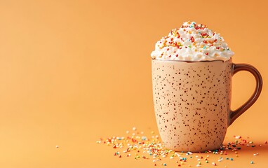 A mug of hot chocolate with a frothy top and sprinkled with festive colored sugar, isolated on a light orange background with ample space for text at the bottom