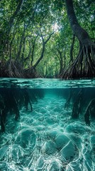dense mangrove forest with roots reaching down into the clear water