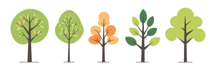 set of tree and leaf collection hand drawn flat design vector element. botanical set of bare trees a