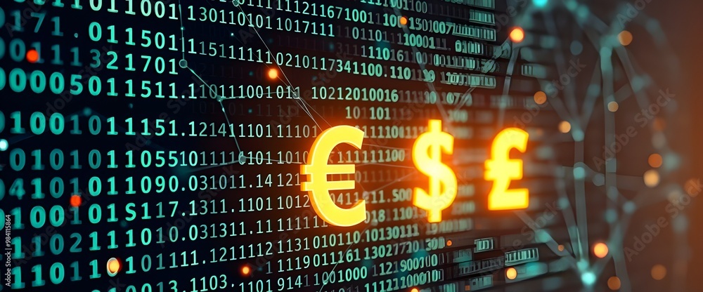 Binary code spreads out like a neural network across the background ...