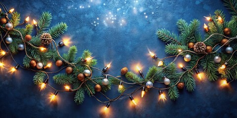 Bird eye view Christmas garland bokeh lights pattern on dark blue background