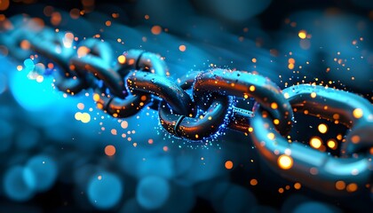 Wall Mural - Glowing blue abstract digital chain link with bokeh effect representing cybersecurity, networking, and connectivity themes