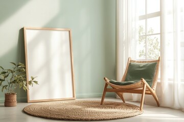 A serene living space with a soft green wall and a blank wooden-framed canvas leaning against it