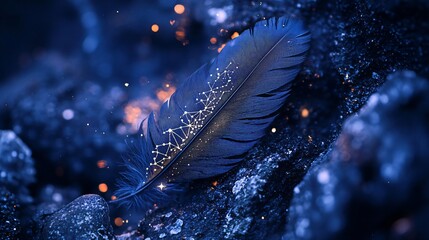 Wall Mural - A single dark blue feather with gold glowing lines inside rests on a dark textured surface with blue bokeh lights.