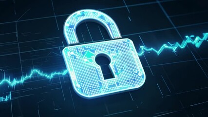 Poster - A metallic padlock appears prominently in the foreground, featuring a keyhole and intricate designs, surrounded by a blue background of digital data lines symbolizing security.