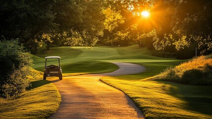 Wall Mural - Golf Course Tranquility A golf cart beside a gently winding path on a tranquil golf course, the scene bathed in the warm light of a setting sun 