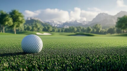 Wall Mural - Golf ball on green fairway with serene golf course landscape in background 