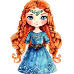 Poster - Watercolor Illustration of a Cute Red-Haired Girl with Celtic Knots and a Blue Dress.