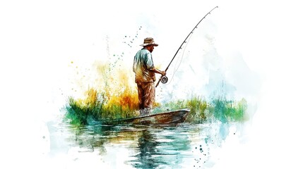 fisherman on a white background watercolor drawing poster.