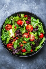 Poster - Dark green leafy greens, red and yellow tomatoes, cherry tomatoes, purple onions. Chicken salad with lettuce, cheese, croutons. Vegetarian side dish option.