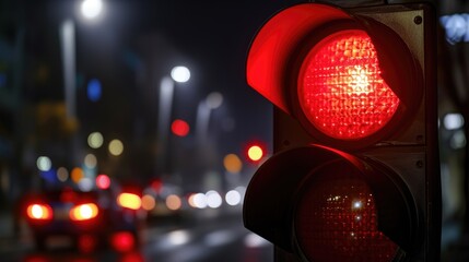 Red stop light glowing on a city street at night, signifying halt for automobiles and pedestrian safety.