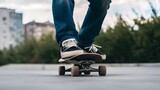 Close-up photo of a person riding a skateboard