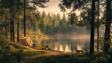 Canvas Print - Family camping trip in a serene forest clearing by a lake at sunrise 