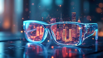 Augmented reality (AR) glasses displaying a vibrant cityscape overlay, showcasing digital information and navigation features. Represents the future of immersive technology and urban exploration.