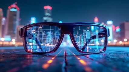 Wall Mural - Augmented reality (AR) glasses displaying a vibrant cityscape overlay, showcasing digital information and navigation features. Represents the future of immersive technology and urban exploration.