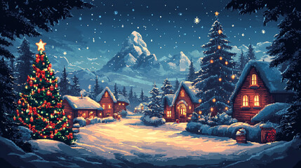 Illustration 8 bit pixel of christmas background.