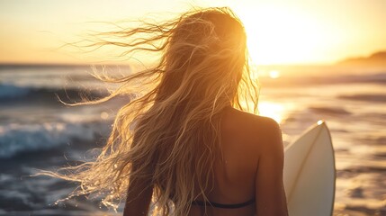 Poster - Extreme close-up and rear view of a beautiful female surfer with long blonde hair blowing in the wind, holding a surfboard on the ocean coast in backlit at sunset or sunrise 