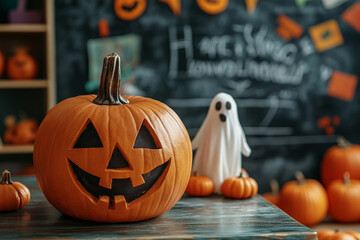 Wall Mural - Kids carving pumpkins at a Halloween event generative AI