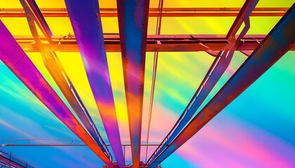 Wall Mural - Vibrant abstract industrial structure with lens flare and silhouetted steel beams against a colorful sky