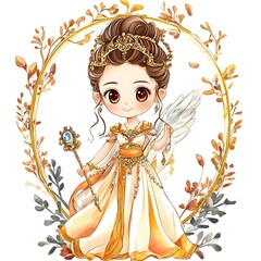 Poster - Cute Anime Princess with Wings and Golden Crown in Floral Frame.