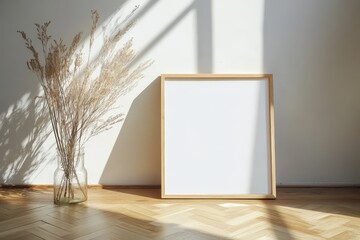 A simple, modern scene of a wooden-framed blank canvas lying on a light wood chevron