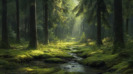 Wall Mural - Peaceful forest clearing with soft moss, tall trees