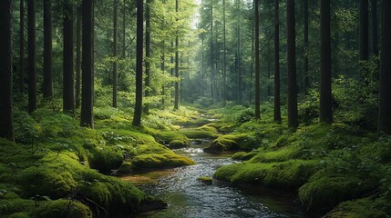 Wall Mural - Peaceful forest clearing with soft moss, tall trees