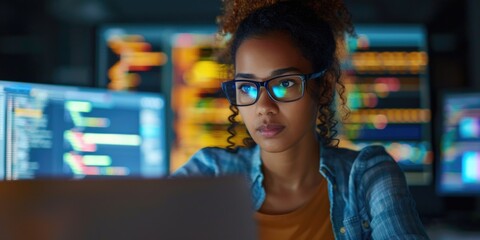 Sticker - A woman wearing glasses is working on a laptop computer. She is focused on her work and she is in a serious mood