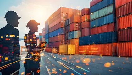 Wall Mural - Silhouette overlaying a bustling shipping container port symbolizing global trade, logistics, and innovation