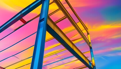 Poster - Vibrant abstract industrial structure with lens flare and silhouetted steel beams against a colorful sky