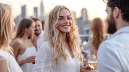 Smiling Woman at Rooftop Party During Sunset