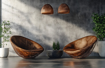 Wall Mural - created with generative ai, this image shows two copper lounge hairs against a concrete wall. loft i