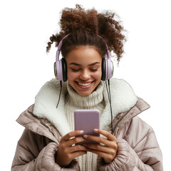 Wall Mural - Smiling Girl With Headphones and Smartphone Enjoying Music - Future of Audio Streaming - Cloud Break. Isolated on a Transparent Background. Cutout PNG.