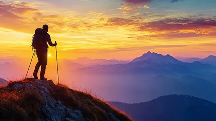 Silhouette of a Hiker Reaching the Summit at Sunset