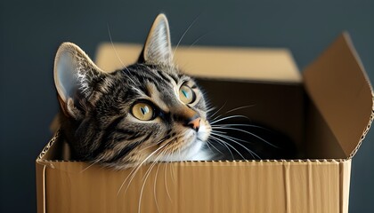 Curious Cat Peeking from Cardboard Box in Photorealistic Detail with Natural Light