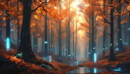 Futuristic autumn landscape with a glowing forest and holographic leaves shimmering under a vibrant sky