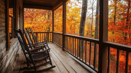 Sticker - Cozy Autumn Retreat on a Rustic Wooden Porch with Rocking Chairs