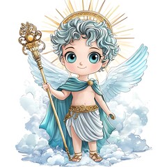 Wall Mural - Cute Angel with Golden Staff and Halo on Clouds.