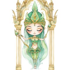 Poster - Watercolor Illustration of a Beautiful Woman in a Green and Gold Outfit Standing in a Golden Archway.