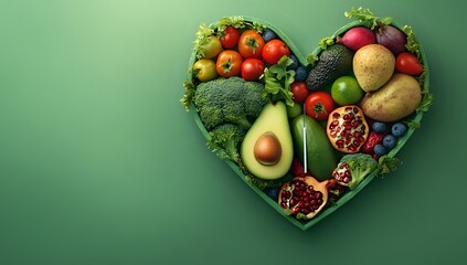 Healthy food arranged in a heart shape on a green background.