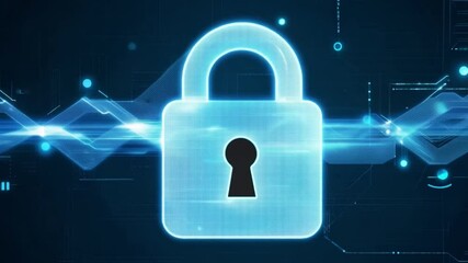 Poster - A metallic padlock is prominently displayed against a backdrop of glowing blue circuit patterns, symbolizing cybersecurity and data protection in the digital age.