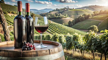 A tranquil vineyard setting features two wine bottles alongside a glass filled with red wine, placed on a rustic barrel. The sun sets over the rolling hills