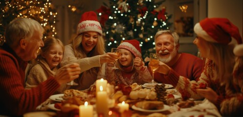 Happy smiling family gathering around festive dining table, celebrating New Year's Eve. Generation.