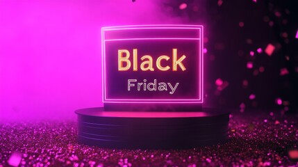 Wall Mural - Neon Black Friday Sale sign in dark lights with a glowing platform. Podium stand for promotions